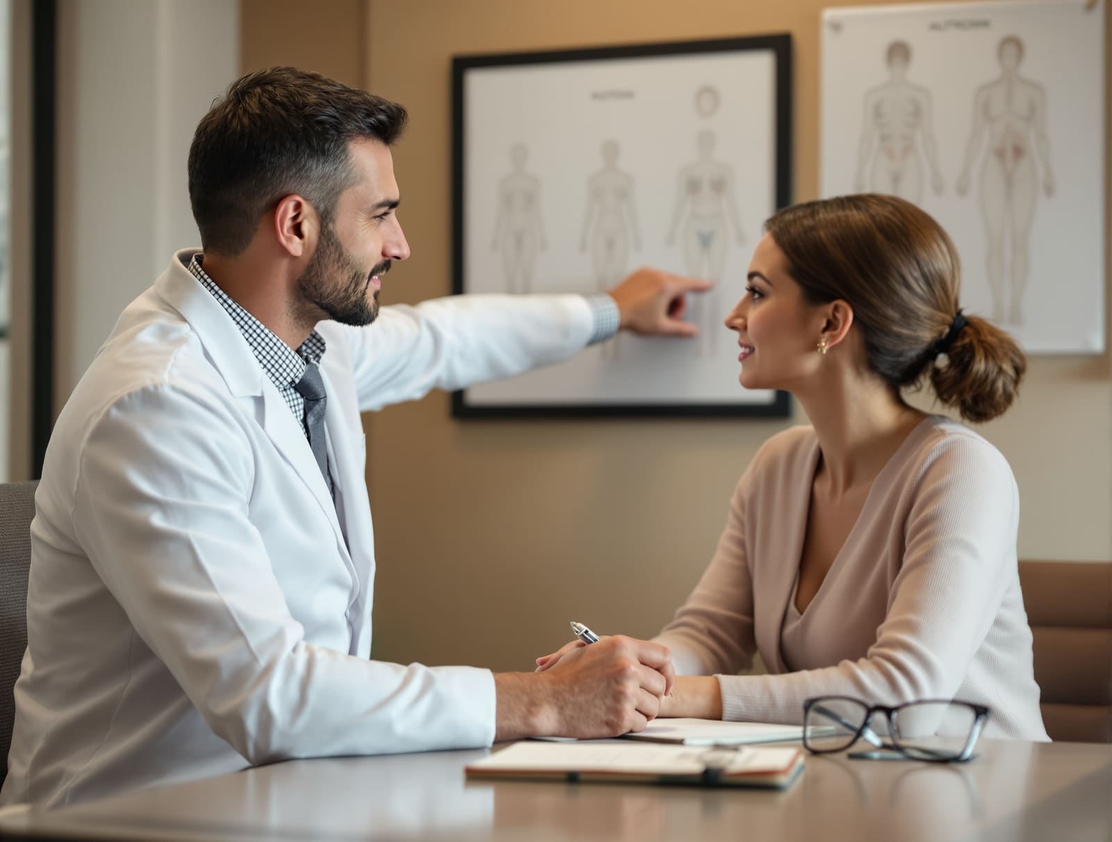 A plastic surgeon pointing at an anatomical wall chart while a patient listens during an incision planning consultation