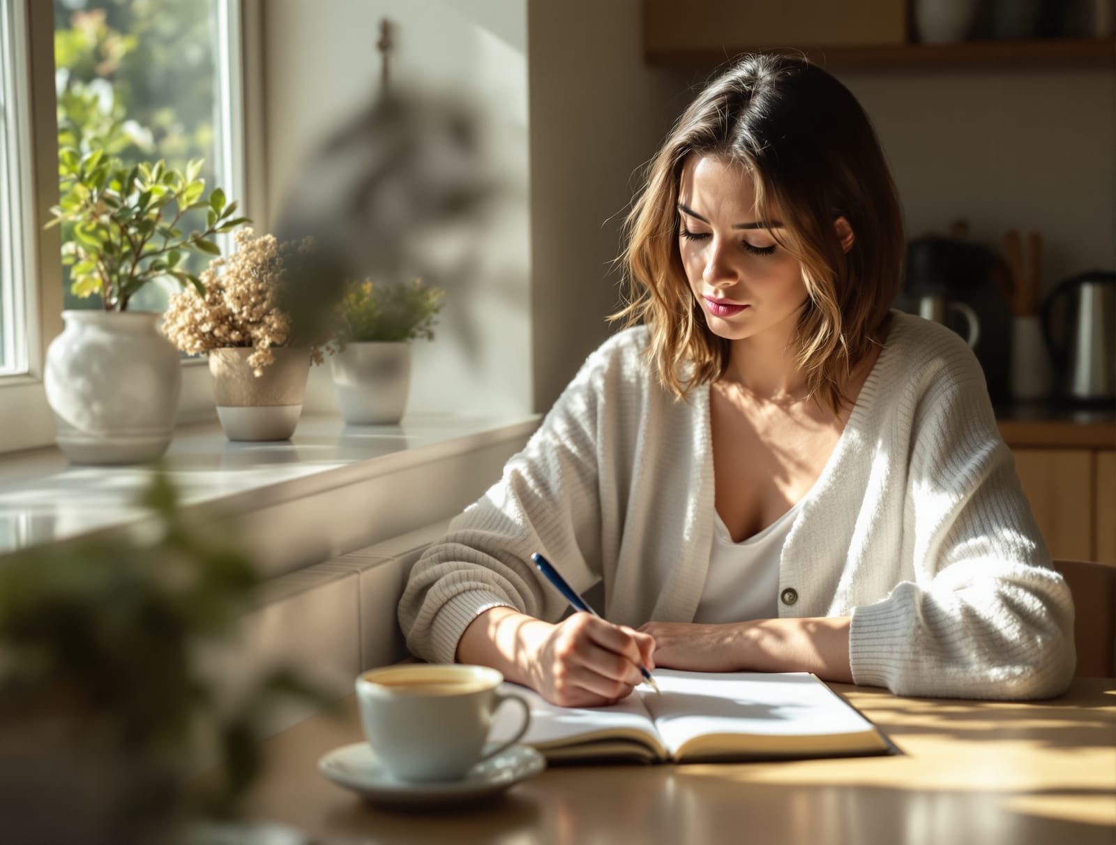 A woman writing a symptom timeline in a notebook at a sunlit kitchen table before a medical appointment
