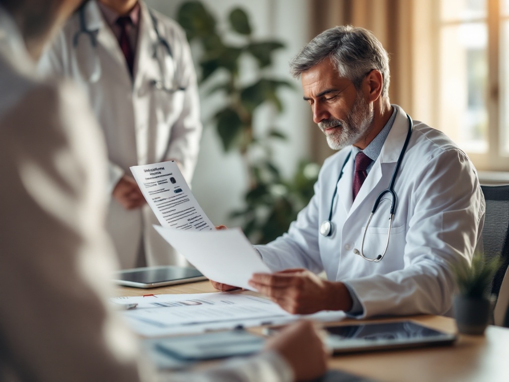 A doctor reviewing implant device safety paperwork at a tidy clinic desk
