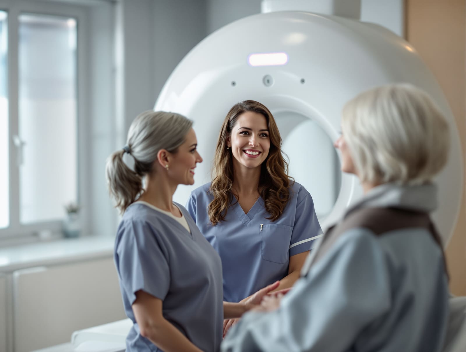 A radiology technologist speaking warmly with a patient beside imaging equipment in a bright breast screening suite