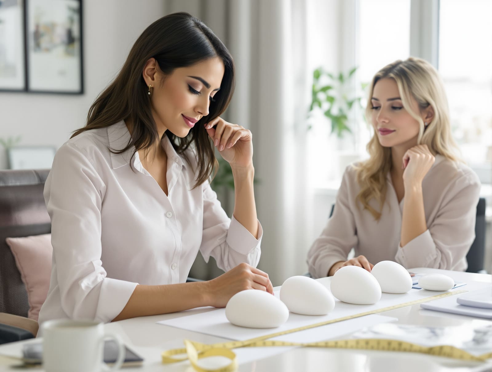 A plastic surgeon and a patient reviewing breast implant sizers of different volumes on a consultation desk beside a tape measure