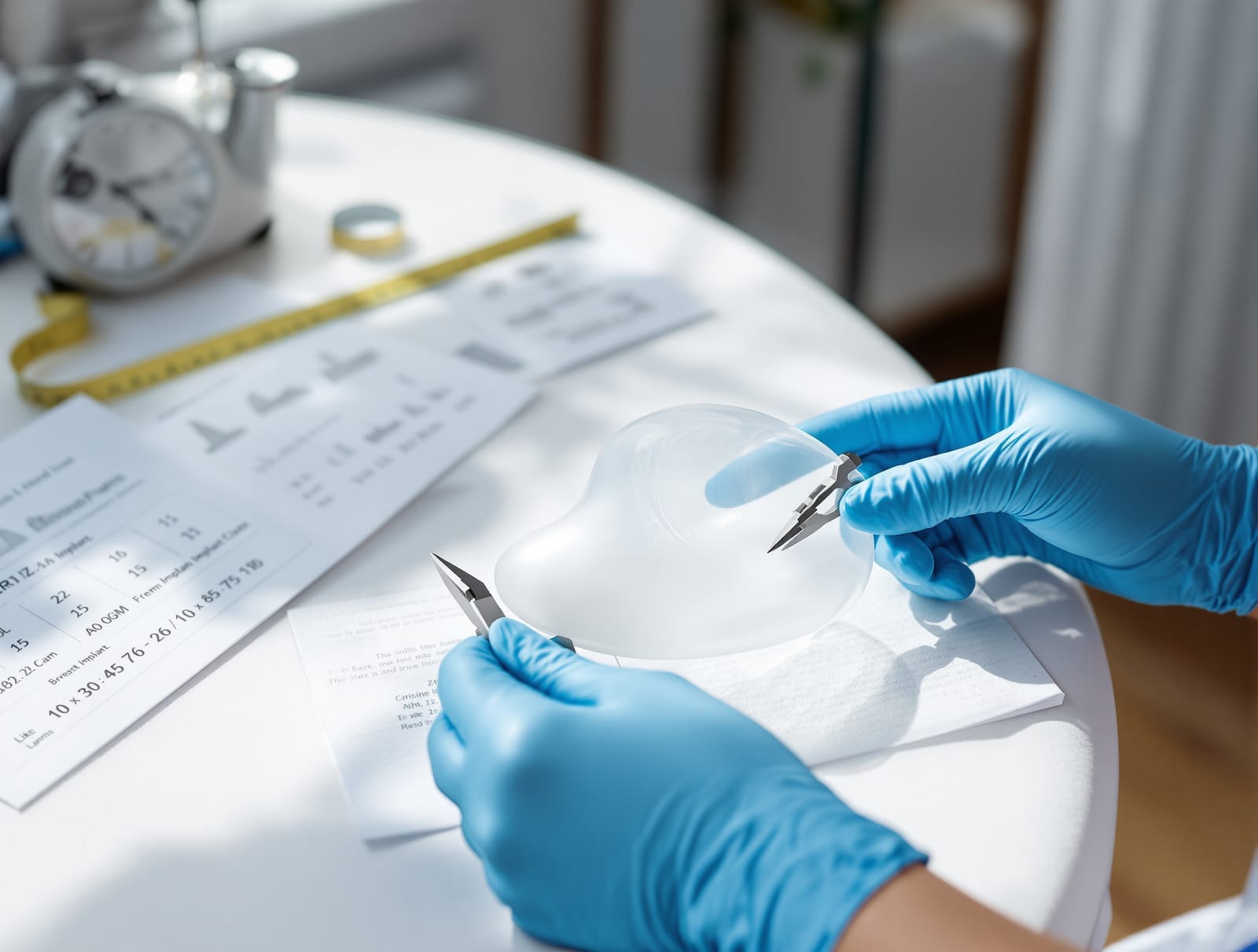 A surgeon's gloved hands holding a set of measuring calipers beside a clear silicone breast implant sample on a white consultation table.
