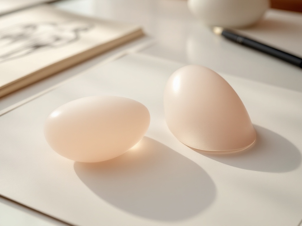 Two unbranded silicone breast implant samples beside a surgeon's anatomical sketch on a consultation desk