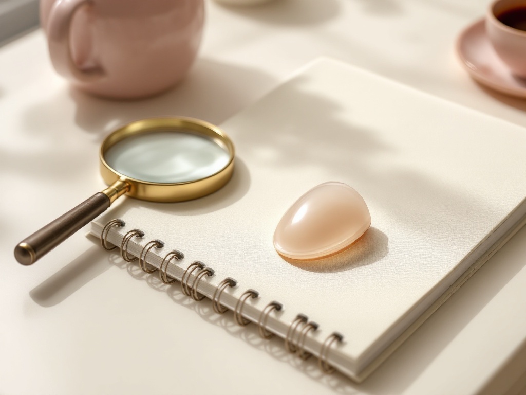 A magnifying glass resting beside an unbranded breast implant sample on a tidy editorial desk, symbolizing fact checking