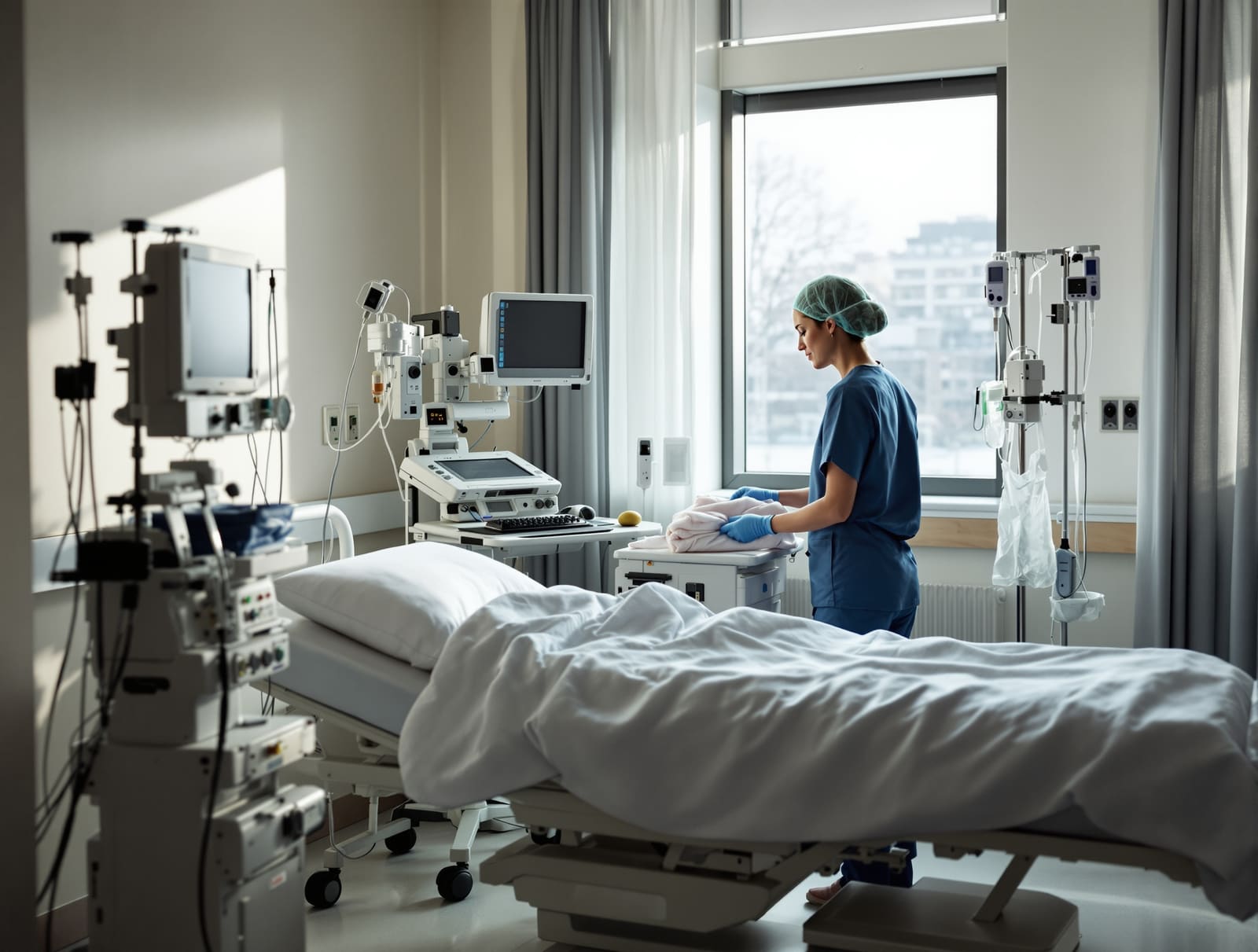 A nurse preparing a monitoring station beside a prepared patient bed in a calm surgical facility pre-op area